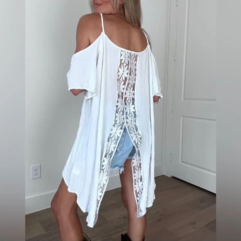 Summer Cold Shoulder Crochet Loose Beach Dress Shoulder High-Low Tunic Top